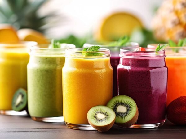 Delicious smoothies in glass jars on wooden table