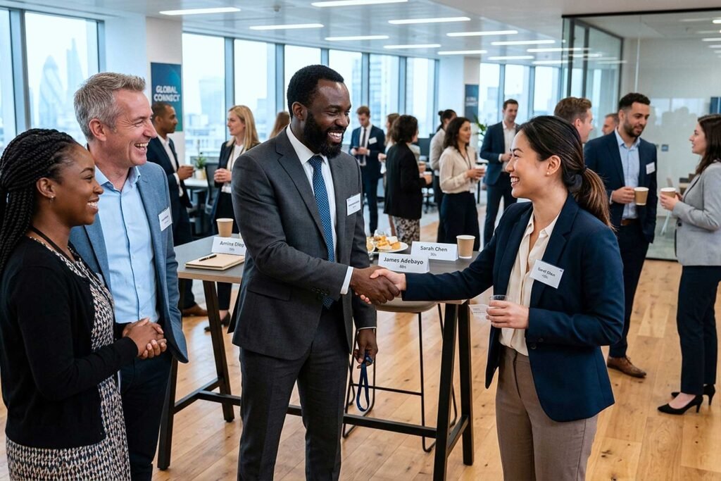 Group of diverse business people greeting each other with handshake in modern office